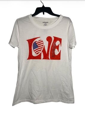 Chemistry White Tee with Red LOVE and American Flag Heart **flaws**